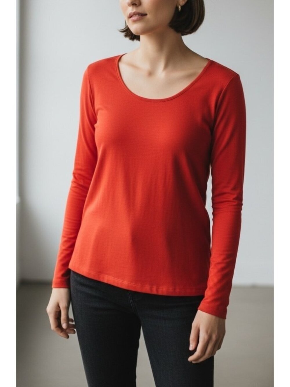 Eileen Fisher Orange Rayon Jersey Long Sleeve Top Scoop Neck Stretch Size L